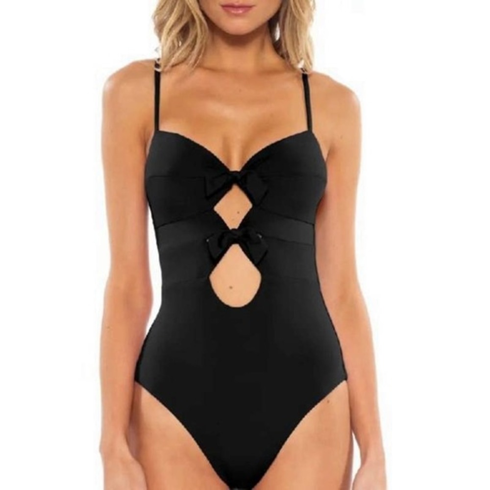 Becca Size M Womens Double Tie Front One-Piece Swimsuit In Black